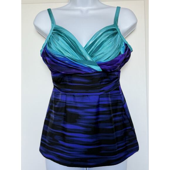 Miraclesuit Deep End CARUSO‎ Ruched Blue/Purple Tankini Swim Top, US 10 EUC - Picture 1 of 13